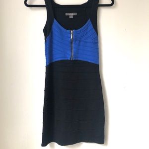 Black and blue mini bodycon dress w/zipper detail